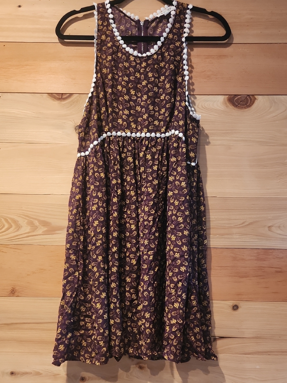 Sleeveless Casual Dress with Yellow Floral Print & White Pom Trim - Purple